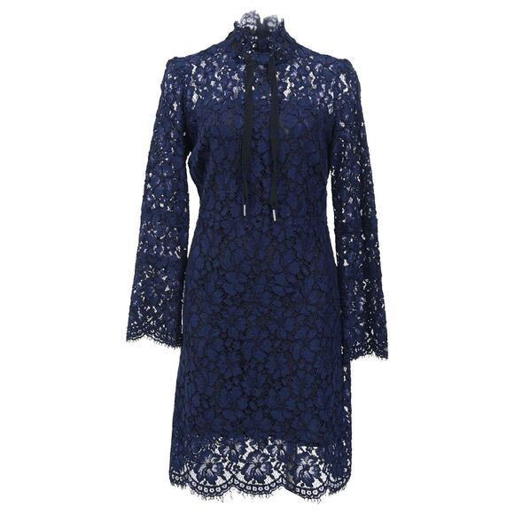 SANDRO Rina Long Sleeve Lace Dress Womens Large Navy Blue Black Sheath Mini - Picture 2 of 16